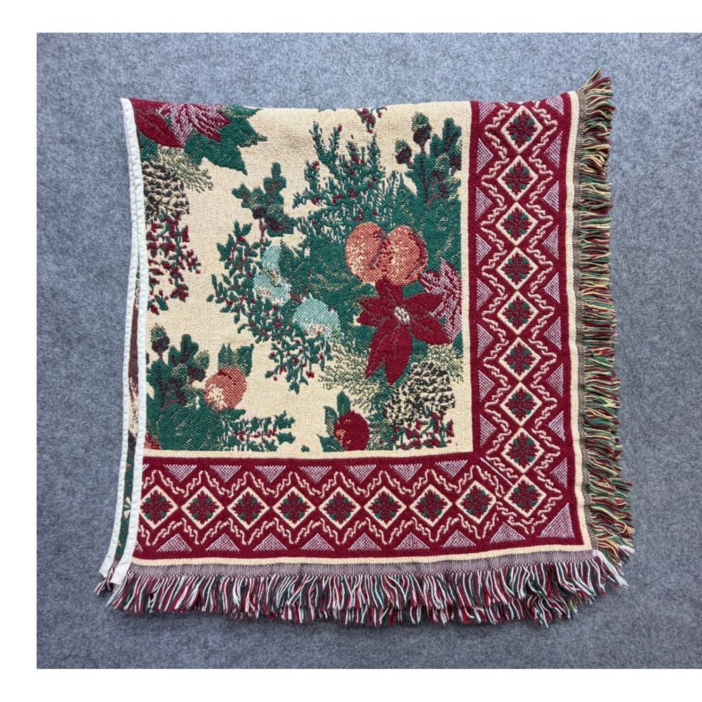 Vintage Goodwin Weavers Christmas Poinsettia Woven Tapestry Tree Skirt USA 90s